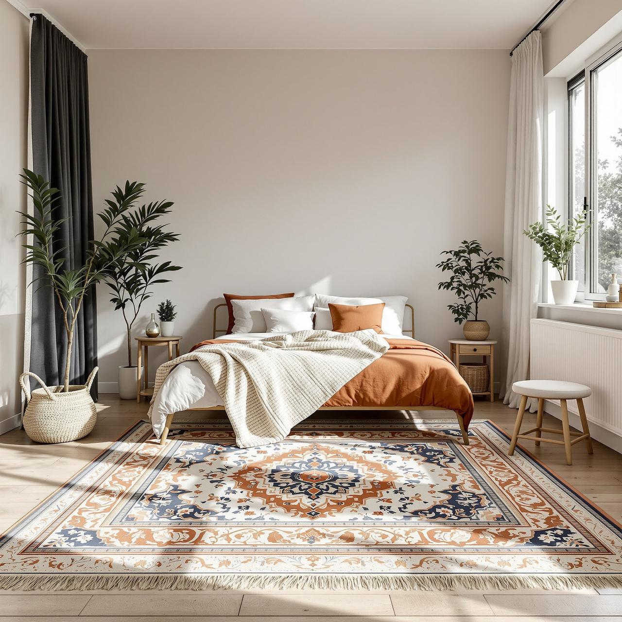 波斯风地毯如何搭配现代极简卧室，附完整软装方案